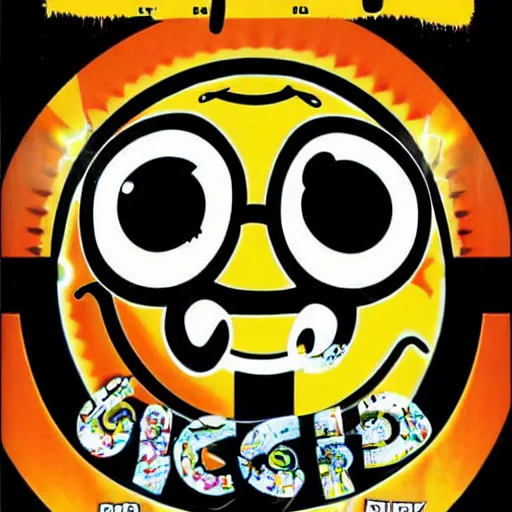 Image similar to acid house rave flyer, poster, smiley face, florescent orange and black