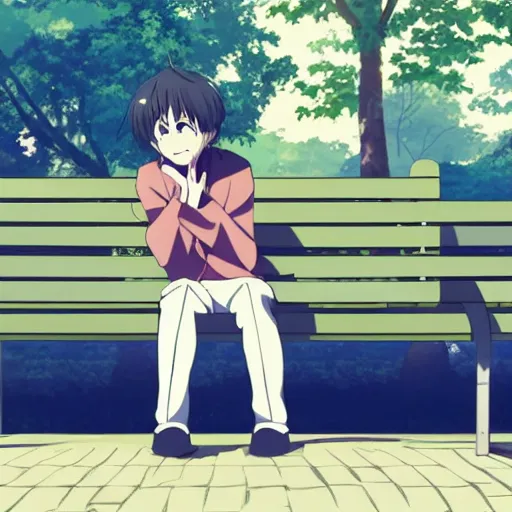 Prompt: a man sitting on a bench, anime key visual, stunning angle