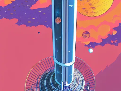 Image similar to a scifi illustration, hyper detailed external view of a space elevator. cinematic wide angle composition. flat colors, limited palette in FANTASTIC PLANET La planète sauvage animation by René Laloux