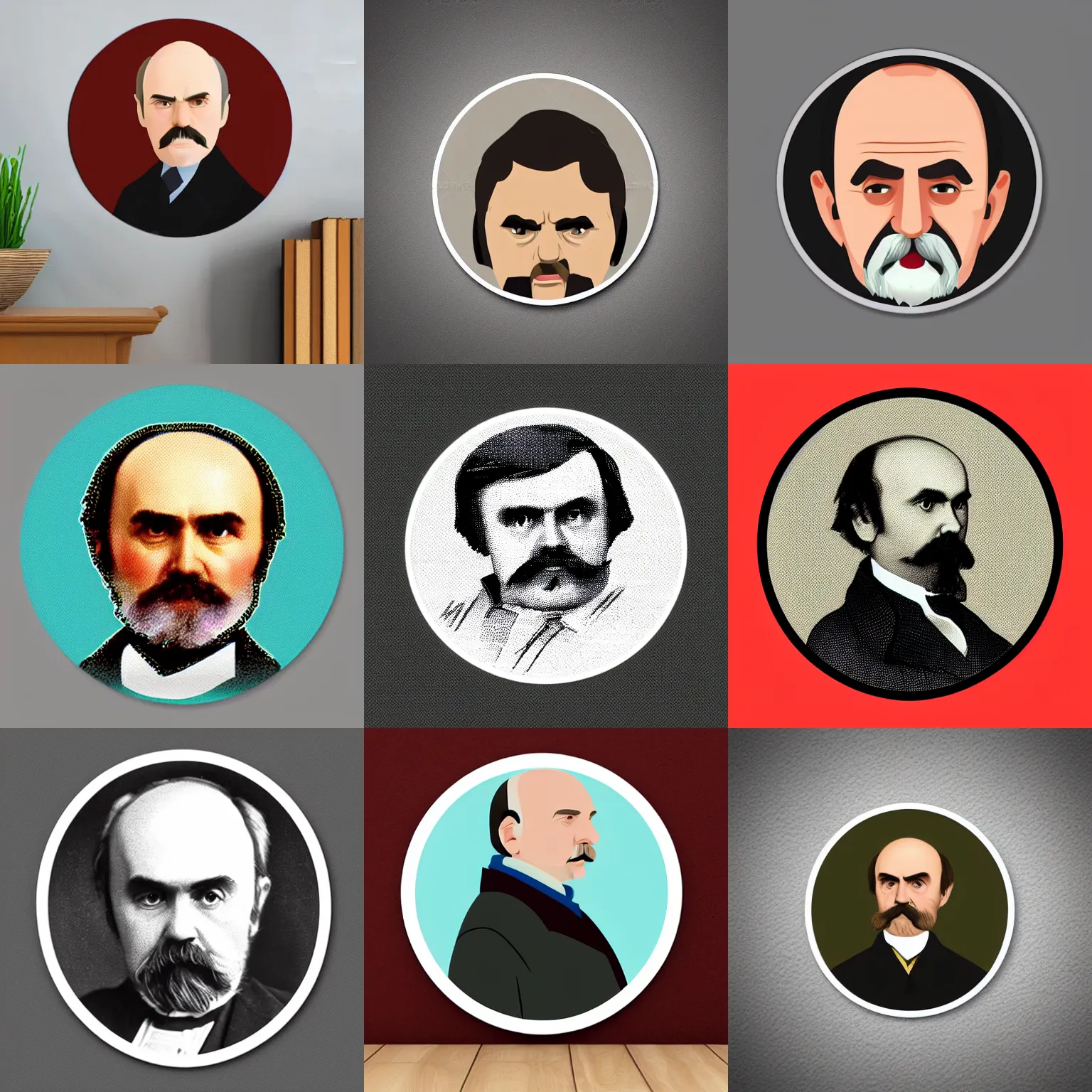 Prompt: circular sticker: Taras Shevchenko, he's old and balding, in the style of 2D Disney, simple flat design based on real photographs
