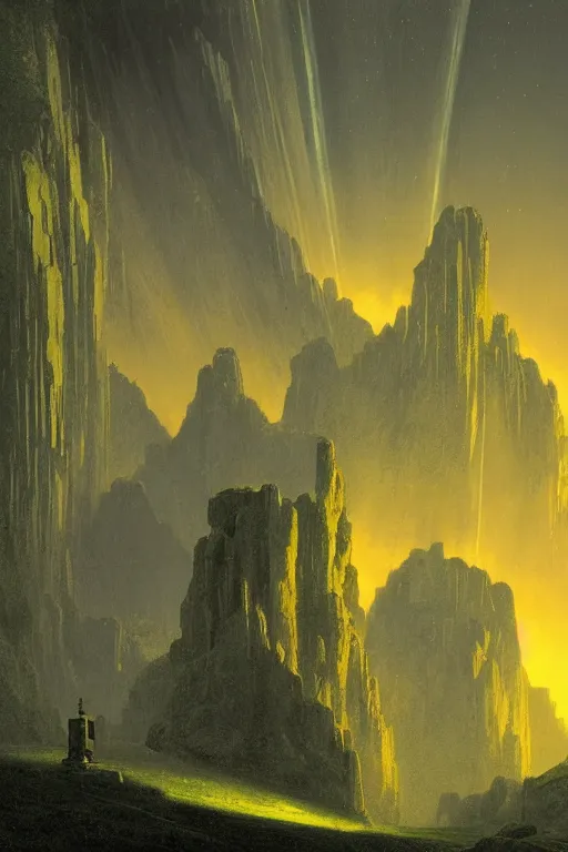 Image similar to yellow glowing ancient temple, green hills, star trails, dramatic lighting, artstation, matte painting, caspar david friedrich, ralph mcquarrie