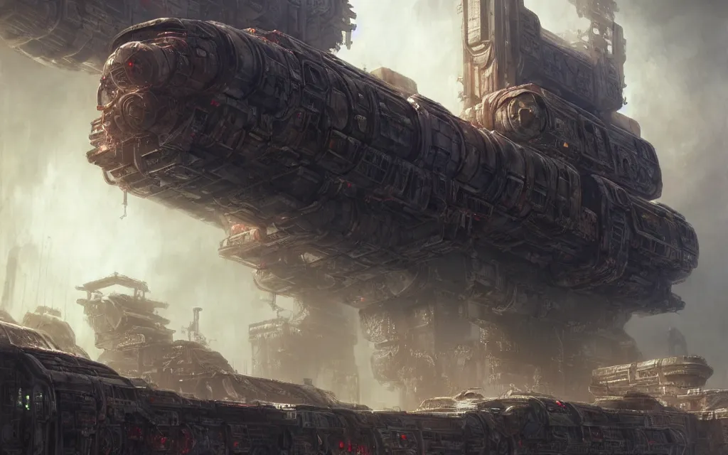 Prompt: a beautiful highly detailed matte painting of a huge derelict ancient cargo starship, Space Hulk, WarHammer 40k by Jose Daniel Cabrera Pena and Leonid Kozienko, designed by Ruan Jia. concept art