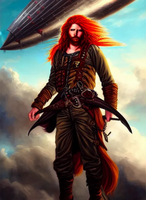 Image similar to an epic fantasy comic book style portrait painting of a long haired, red headed male sky - pirate in front of an airship in the style of eve ventrue