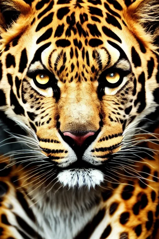 Image similar to !dream 8K UHD Redshift render, Poser, feetwave, lion_facecore, tigerpunk leopard panther, long wavy fur, bright eyes, long fangs, medium full shot, animal photography