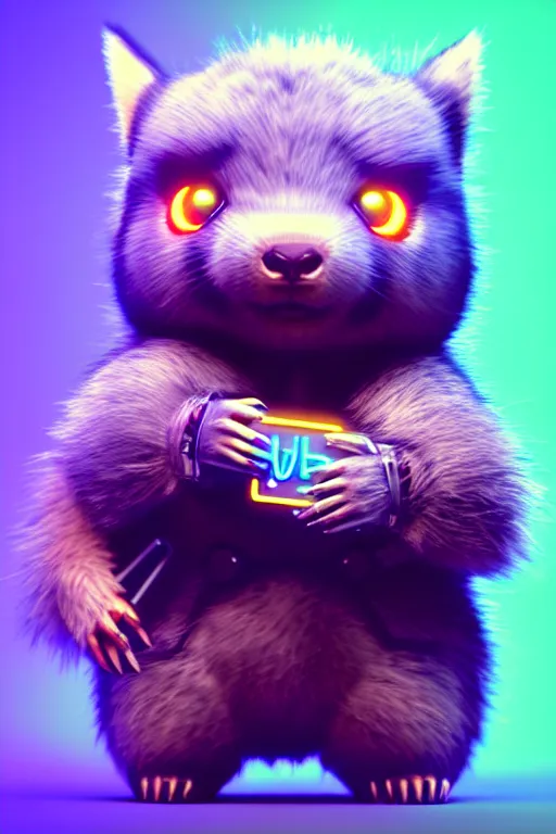 Prompt: hyperrealistic 3 d render post - cyberpunk very cute fluffy! wombat!! cyborg, mechanical paw, highly detailed, unreal engine cinematic smooth, in the style of detective pikachu, hannah yata charlie immer, neon purple light, low angle, uhd 8 k, sharp focus