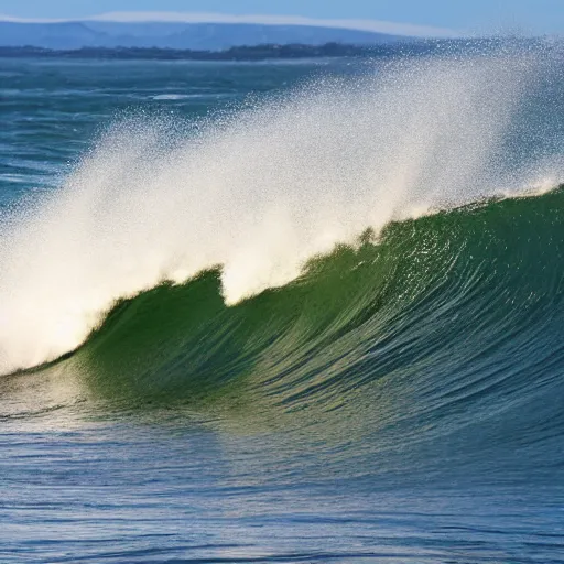 Image similar to perfect wave breaking in shallow clear water front view, hollister ranch, offshore winds, kelp, islands on horizon, late afternoon