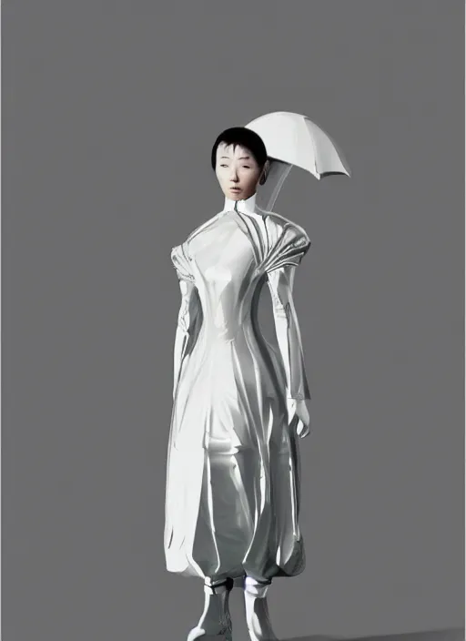 Prompt: a digital portrait of a japanese girl detailed features wearing a pilot latex suit wedding dress - synthetic materials, by balenciaga and issey miyake by ichiro tanida and mitsuo katsui