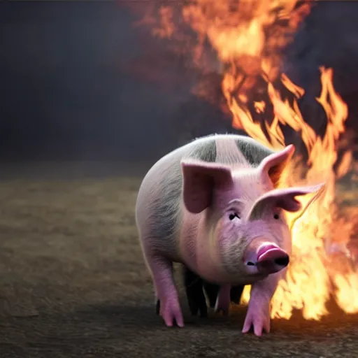 Image similar to Live Action Still of pig spitting fire, real life, hyperrealistic, ultra realistic, realistic, highly detailed, epic, HD quality, 8k resolution, body and headshot, film still, Exquisite detail, post-processing, masterpiece, Cinematic Lighting, Unreal Engine, 8k, HD, white background