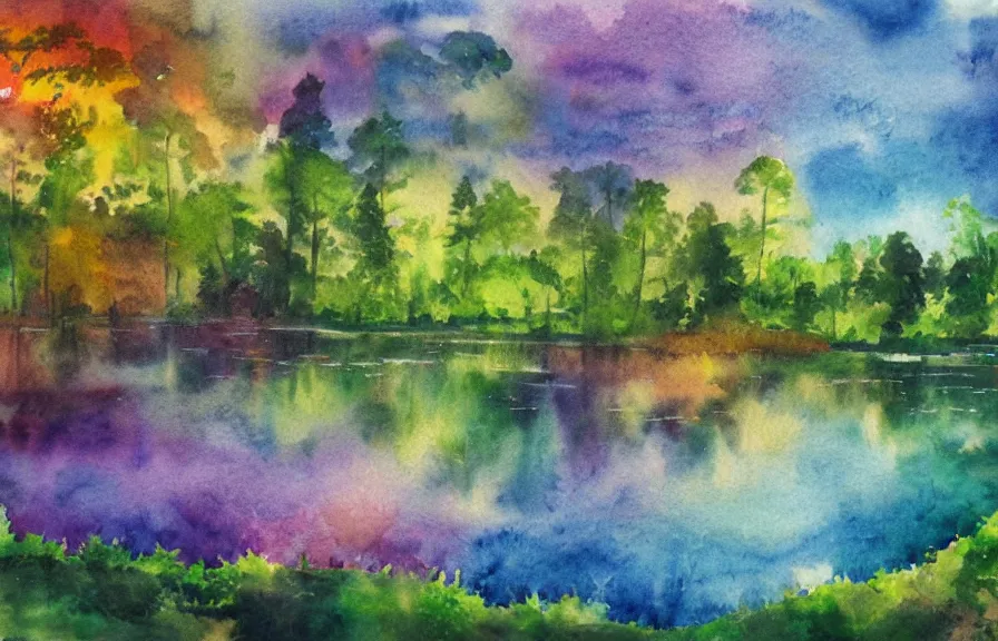 Prompt: sanctuary in colorful flower meadow near a forest with a rainbow pond, double rainbow in the sky, watercolor painting