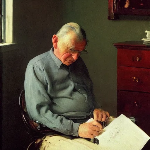 Prompt: grandpa trying to figure out how to send an email sitting in his small room looking at his computer screen laptop desktop. jamie wyeth greg rutkowski winslow homer thomas eakins lucian freud edward hopper j. m. w. turner oil painting