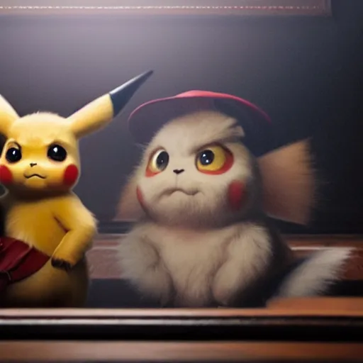 Prompt: a caravaggio artwork film still of detective pikachu, artwork by caravaggio