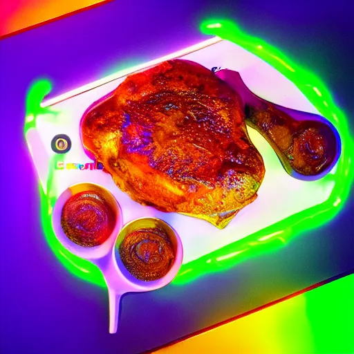 Image similar to neon gaming LED porkchops and mashed potatos, HD, trending on artstation, instagram post, -H 640