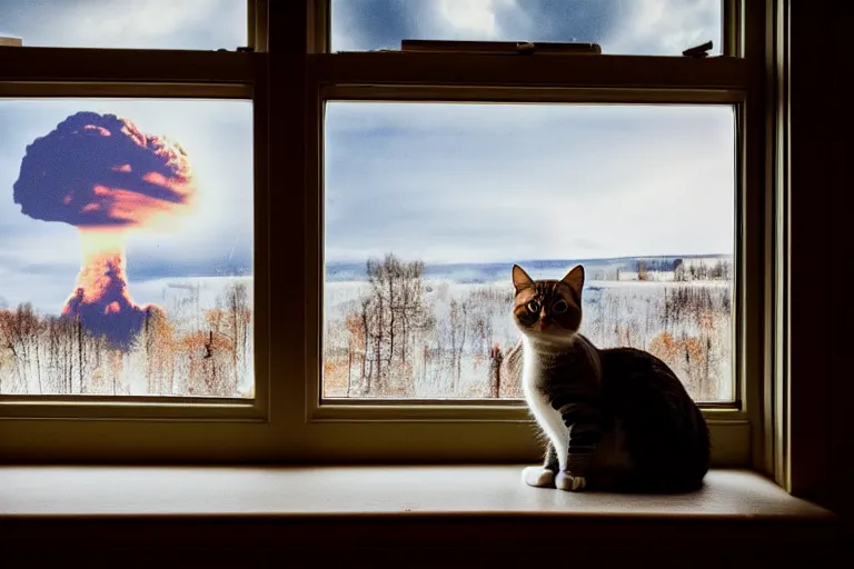 Image similar to cat sitting on the windowsill wrapped in a plaid, Mushroom cloud far behind