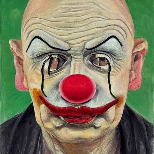 Image similar to a sweaty bald worried brow clown face in the style of lucien freud, painting, auction