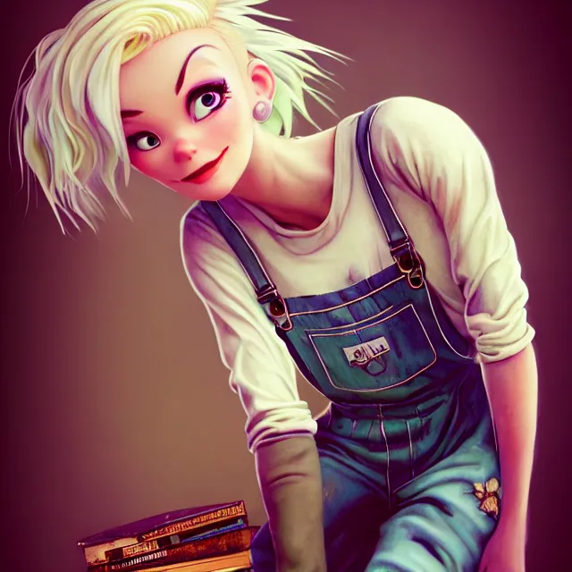 Prompt: full body pose, beautiful adult fairy, pixar, short white hair shaved sides, dirty, grungy, grunge, long sleeve, painted overalls, stacks of giant books, highly detailed, 4 k, hdr, smooth, sharp focus, high resolution, award - winning photo, artgerm, photorealistic