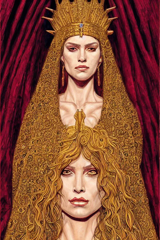 Image similar to Portrait of historically accurate, ancient biblical, sultry, sneering, evil, pagan, wicked, queen jezebel, wearing gilded robes, long hair, intricate, elegant, highly detailed, masterpiece, illustration, art by Jean Giraud, highly detailed, trending on artstation, award winning