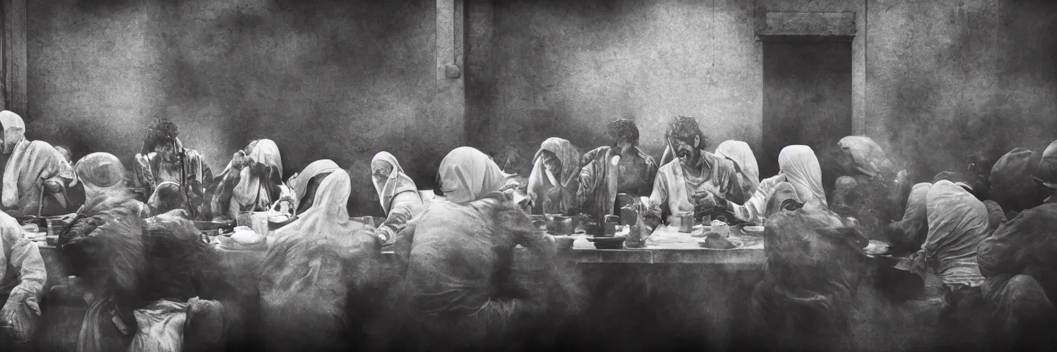 Image similar to Award Winning Editorial 84° wide-angle picture of a Tramps in a Soup Kitchen by David Bailey and Lee Jeffries, called 'The Last Supper', 85mm ND 5, perfect lighting, gelatin silver process