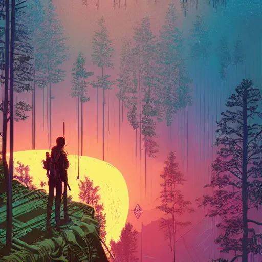 Image similar to Stunning illustration of single cyberpunk explorer overlooking lush forest , highly detailed, sunset, by Victo Ngai and James Gilleard , Moebius, Laurie Greasley