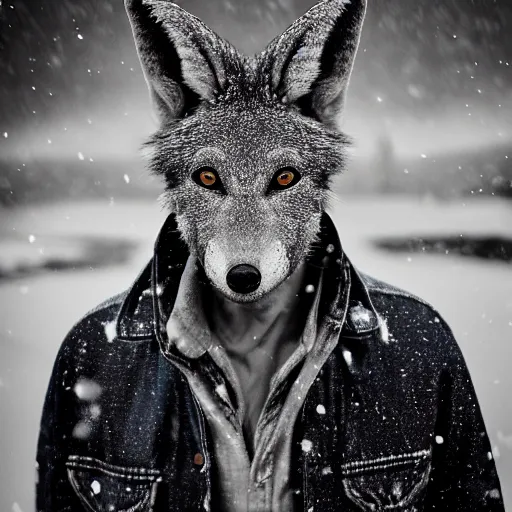 Image similar to an award winning National Geographic picture of a black Jackal wearing a denim Jacket in the snow by Lee Jeffries, 85mm ND 5, perfect lighting in a snow storm