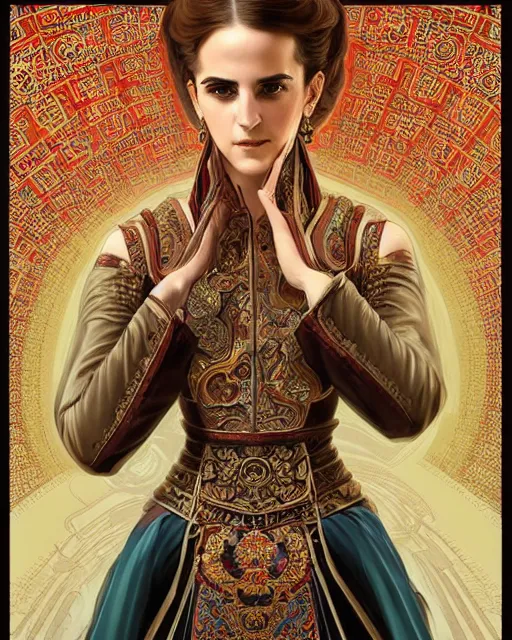 Prompt: portrait of a turkish masculine female emma watson cyberpunk machine, machine face, upper half portrait, decorated with ottoman opera motifs, muscular, asian, fine china, wuxia, traditional chinese art, intricate intense elegant, highly detailed symmetry headpiece digital painting artstation concept art smooth sharp focus illustration, art by artgerm and greg rutkowski alphonse mucha 8 k