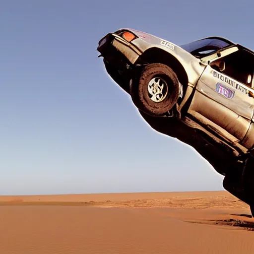 Prompt: grey Honda Civic 2001 jumping over dune desert in the 2003 Dakar rally. Many spectators watch. Honda civic with rusted panels old Cannon Photo 45mm wide angle full view un cropped. 720p photo by Jesse Alexander.