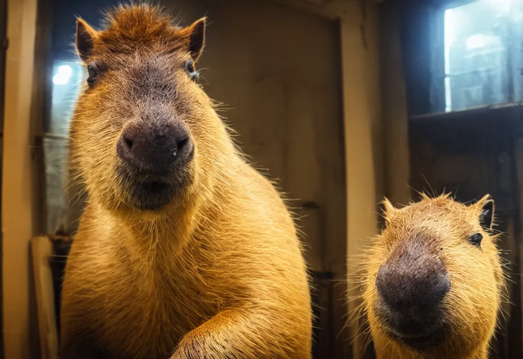 Image similar to photo of a capybara in the backrooms, yellow light