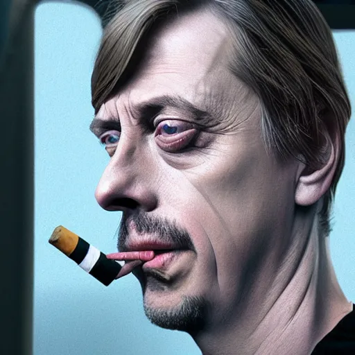 Image similar to hyperrealistic mixed media image of steve buscemi smoking a cigarette standing in front of a train, stunning 3 d render inspired art by xiang duan and thomas eakes, perfect facial symmetry, immaculate complexion, realistic, highly detailed attributes and atmosphere, dim volumetric cinematic lighting, 8 k octane detailed render, post - processing, masterpiece,