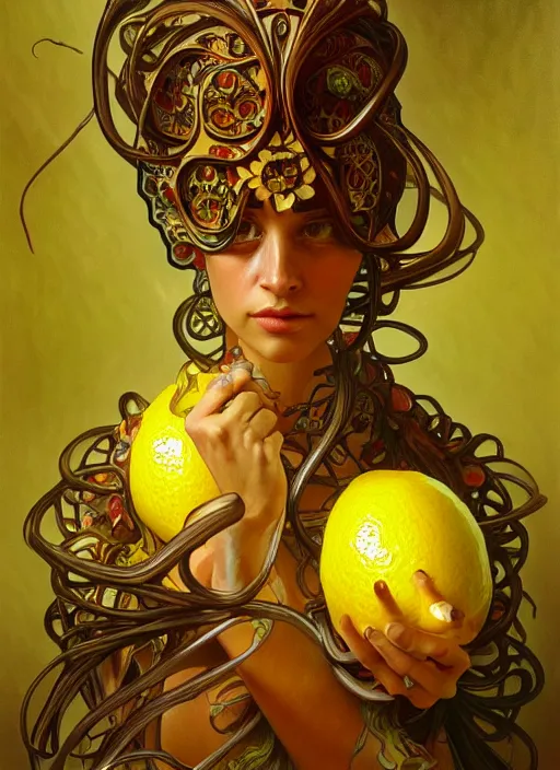 Prompt: oil painting of a lemon demon, intricate, elegant, highly detailed, lighting, painting, artstation, smooth, illustration, art by greg rutowski and alphonse mucha