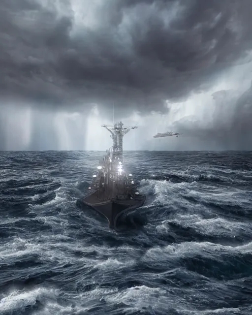 Prompt: a fishing boat on stormy seas, a gigantic star destroyer spaceship flying overhead, the star destroyer spaceship is emerging from storm clouds, stormy weather, lightning, dusk hour lighting, dramatic lighting, unreal engine, hyper realism, realistic shading, cinematic composition, realistic render, octane render, detailed textures, photorealistic, ultrawide shot, 1 6 mm lens