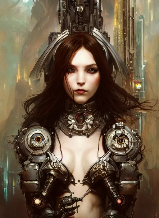 Prompt: portrait of beautiful cute pale gothic maiden, warhammer 40000, cyberpunk, intricate, elegant, highly detailed, digital painting, artstation, concept art, smooth, sharp focus, illustration, art by artgerm and greg rutkowski and alphonse mucha and Gustav Klimt