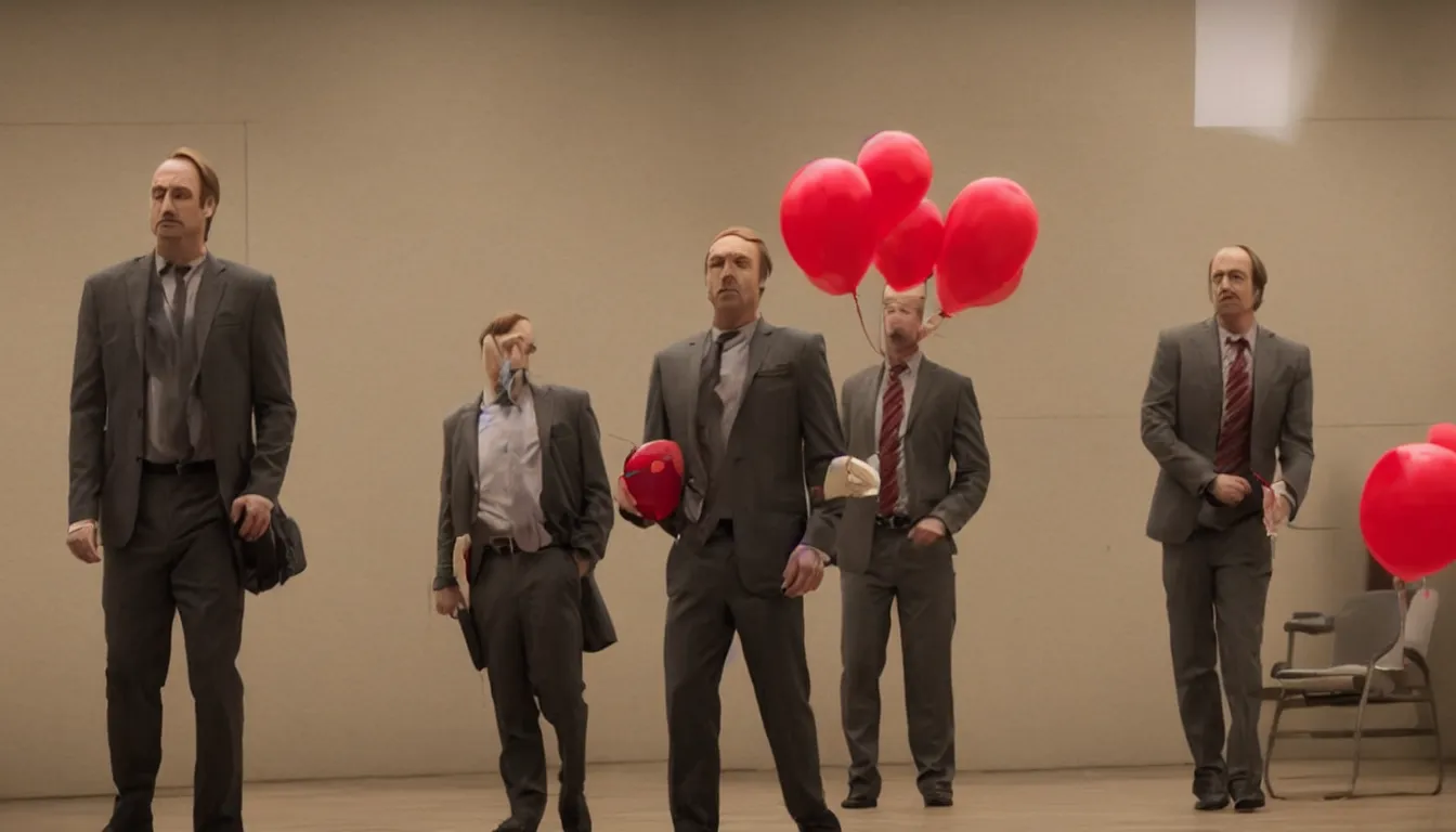 Image similar to still from better call saul, saul goodman in court with red ballon, cinematic shot