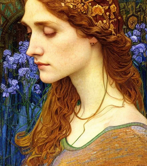 Image similar to detailed realistic beautiful young medieval queen face portrait by jean delville, alphonse mucha, vincent van gogh, and marco mazzoni, art nouveau, symbolist, visionary, gothic, pre - raphaelite