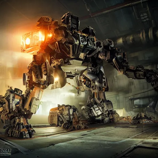 Image similar to failing mecha, dark messy smoke - filled cluttered workshop, dark, dramatic lighting, orange tint, cinematic, highly detailed, sci - fi, futuristic, movie still