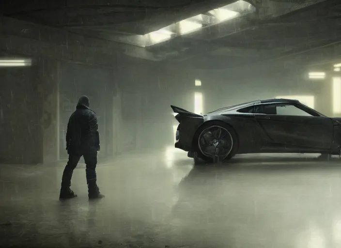 Image similar to Bladerunner 2049 scene man working on his sports car in small garage cluttered with tools parts dark atmospheric volumetric lighting grungy moody dark cinematic Roger Deakins Cinematography futuristic cyberpunk car R35 NSX R8 S14 Evo X Z06 ikuo maeda Newton Thomas Sigel bladerunner 2049 screen cap still