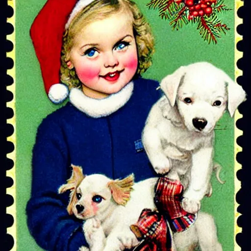 Prompt: cute young girl with blue eyes and dark blonde wavy hair holding a cute white puppy, in style of Norman Rockwell , classic, vintage, festive, holiday christmas card