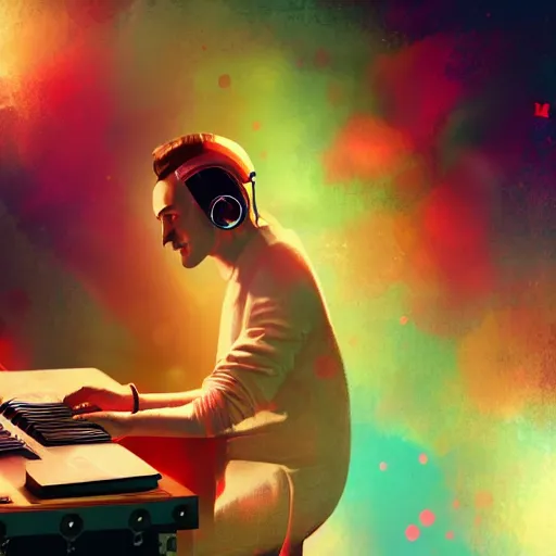 Image similar to Mozart listening on his laptop to sick beats on spotify, artstation, digital painting, 4k, light ray, particles