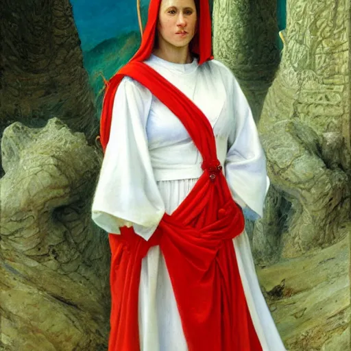 Image similar to portrait of a priestess, wearing all - white clothes, and a red helmet, by donato giancola and berthold woltze.