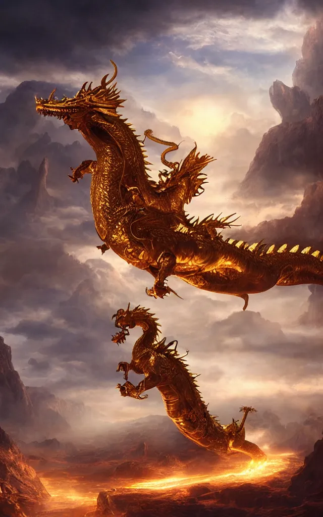 Image similar to a matte painting depicting a golden dragon, epic, legendary, cinematic composition, stunning atmosphere