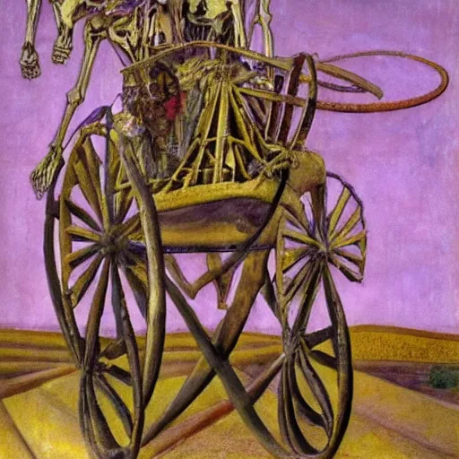 Image similar to the collage features a human figure driving a chariot. the figure is skeletal and frail, with a large head and eyes. the chariot is pulled by two animals, which are also skeletal and frail. pastel violet by antoni gaudi daring