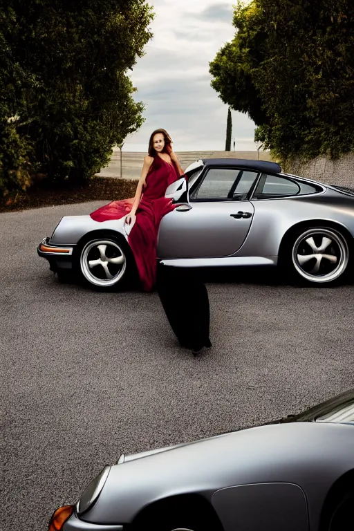 Image similar to Photo of a beautiful model leaning on a silver Porsche 911 Carrera 3.2, daylight, dramatic lighting, award winning, highly detailed, fine art photography