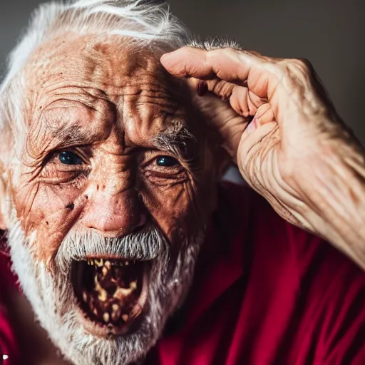 Image similar to an elderly man eating a giant bug, canon eos r 3, f / 1. 4, iso 2 0 0, 1 / 1 6 0 s, 8 k, raw, unedited, symmetrical balance, in - frame