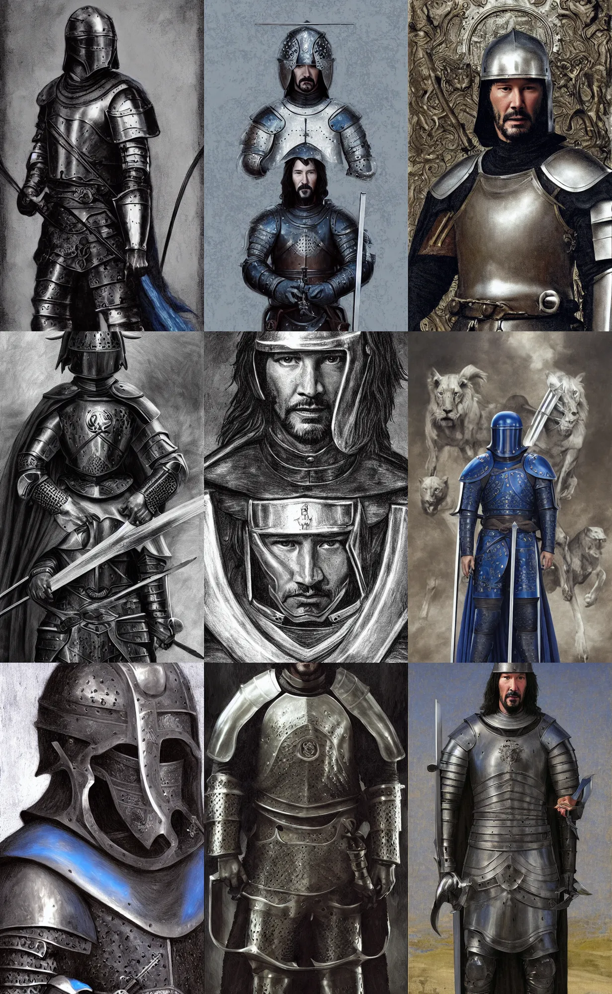 Prompt: keanu reeves as medieval knight, medieval armour, blue houpelande, silver lion blason in background, moody, dark, highly detailed, digital painting, bouguereau and dittmann