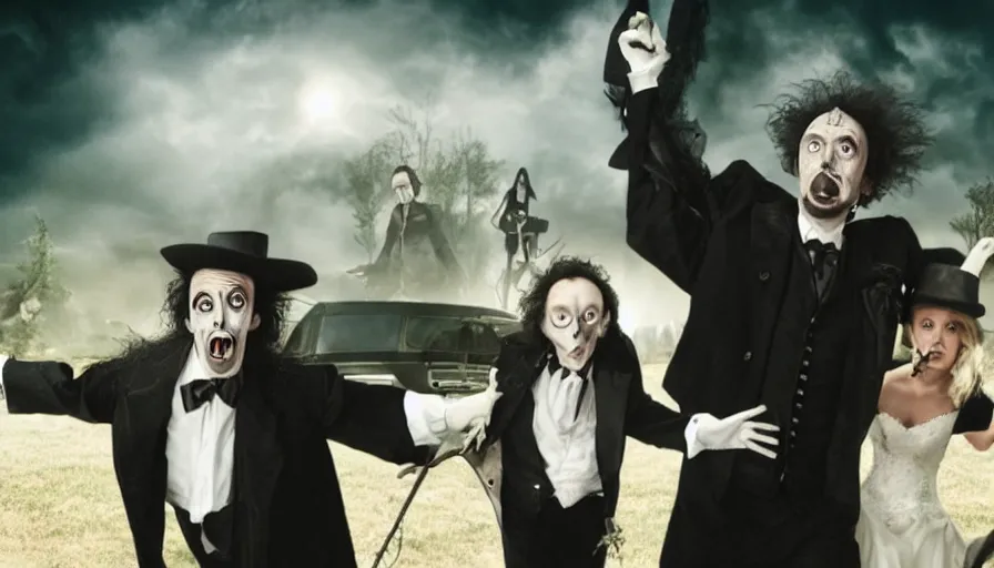 Prompt: Tim Burton movie about an evil hearse attacking people at a wedding