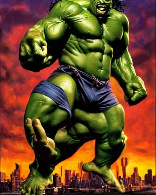 Image similar to a moody oil painting of the incredible hulk on a rampage in new york city by joe jusko. dramatic lighting. action and destruction.