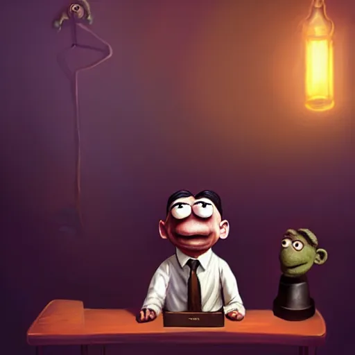 Image similar to mr. bean depicted as a muppet, atmospheric lighting, painted, unreal engine 5, highly detailed by charlie bowater