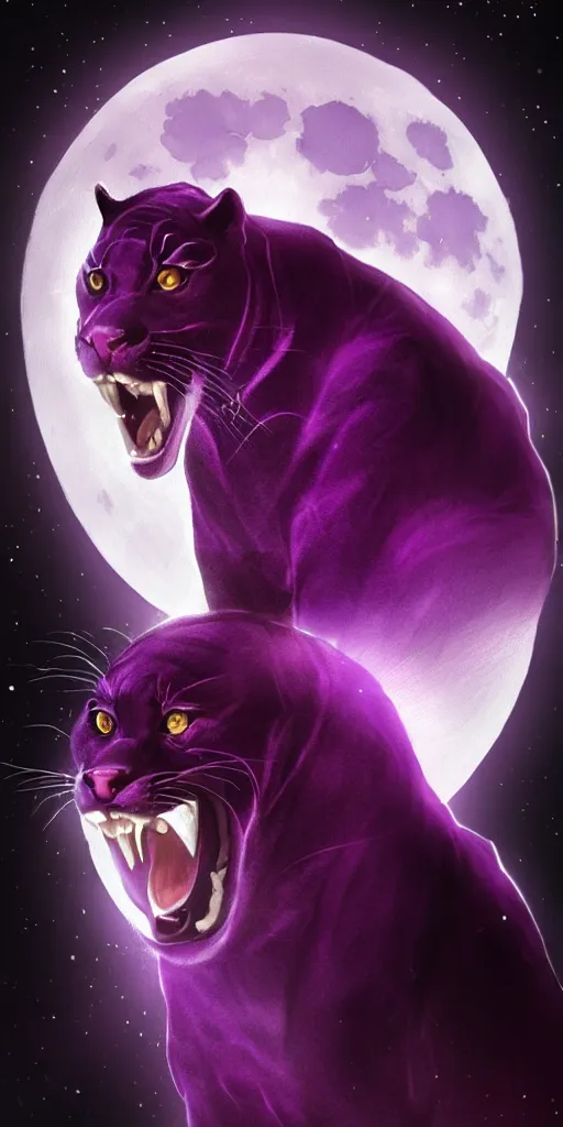 Image similar to high quality render of a purple colored panther roaring at night. large moon in the center of the background. digital drawing, illustration, 4 k, render, matte, highly detailed, artstation, realistic, dramatic, darkness, moon.