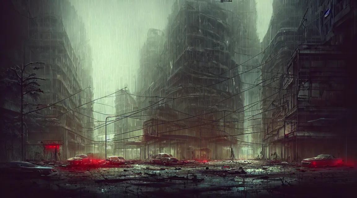 Image similar to post apocalyptic city building, raining, building, avenue, modern contemporary urban americana concrete architecture, paved roads, by neil blevins trending on artstation, photorealistic, neon ambiance, ultra detailed, high definition, depth of field, bokeh, wild vegetation, blood stains, crumbling, post - apocalyptic warriors