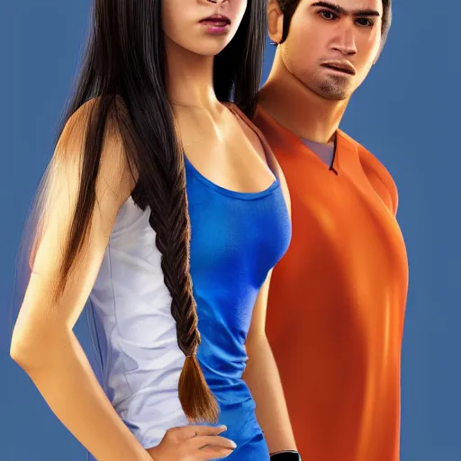 Image similar to young beautiful athletic Filipino woman with long hair standing beside a handsome caucasian athletic thin man with very short buzzed thinning hair, stubble beard on his face, blue eyes, they are posing, depicted as adult Pixar characters, high quality cg render, 4k