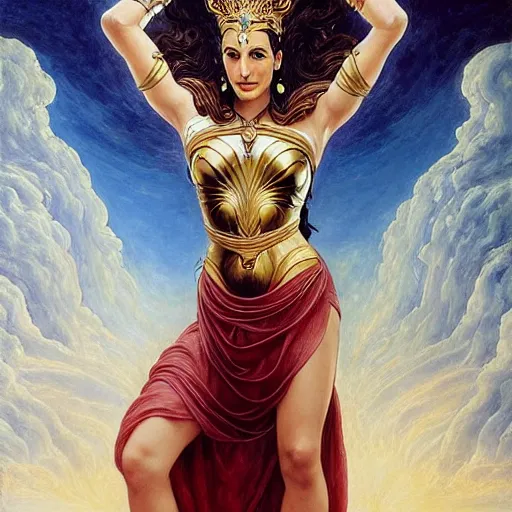 Image similar to Full body oil painting of the beautiful goddess Gal Gadot as hera, she is wearing roman clothes and a surreal jewelry, her hair is natural disheveled, she is approaching heaven over the clouds, naturalism, dramatic lighting, high-detailed oil painting by Ilya Repin, Michelangelo da Caravaggio, William Blake, Alex Grey and Beksinski, trending on Artsation, hystorical painting, naturalism, masterpiece, 4k, 8k,