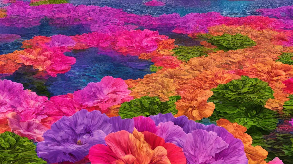 Image similar to digital illustration of a lake full of giant multi - colored petunia flowers by dr. seuss, reimagined by ilm and beeple : 1 | megaflora, spectral color, electric color, rolling hills : 0. 9 | fantasy : 0. 9 | unreal engine, deviantart, artstation, hd, 8 k resolution : 0. 8